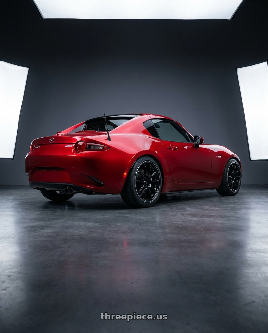 2024 mazda mx5 with Advan Racing RZII 4x100 17x7.5 +38 RACING GLOSS BLACK & RING wheels rear three quarter view square tires