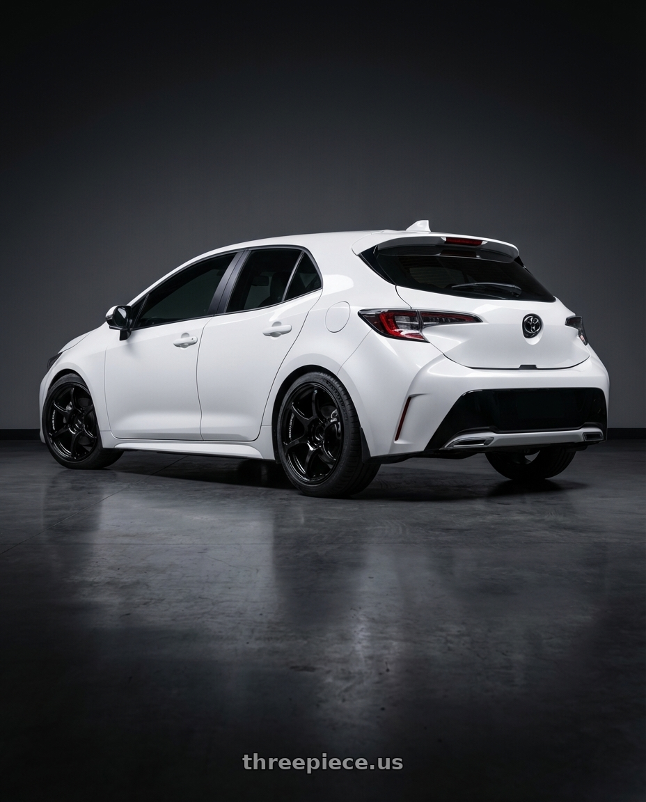 2023 Toyota Corolla Hatchback with Advan RGIII 5x114.3 18x10.5+15 Gloss Black wheels rear three quarter view square tires