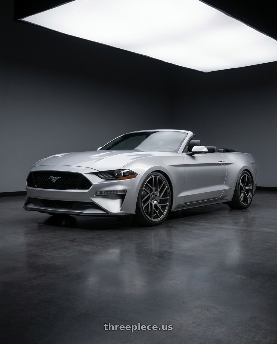 2018 ford mustang with Status JUGGERNAUT 5X114.3 20X9 +30 CARBON GRAPHITE wheels front three quarter view lowered stance