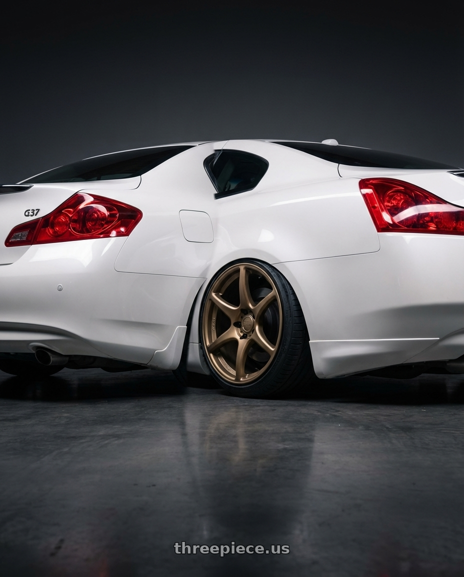 2014 Infiniti G37 Coupe with Kansei K11B Tandem 5x114.3 19x10.5 22 Bronze wheels rear three quarter view slight stretch tires
