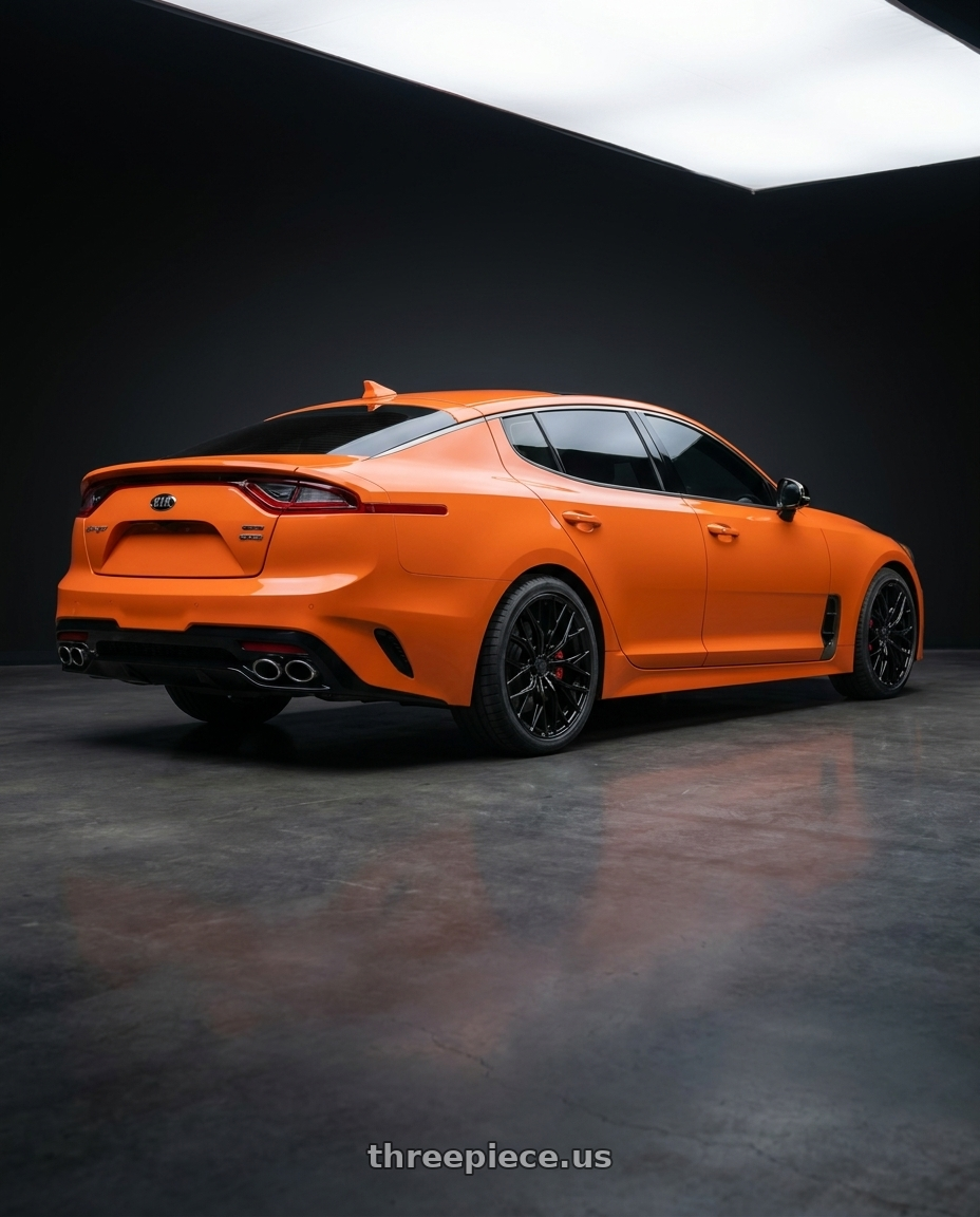 2019 KIA stinger gts  with MRR GF5 5x114.3 19x8.5  +35 Black wheels rear three quarter view square tires
