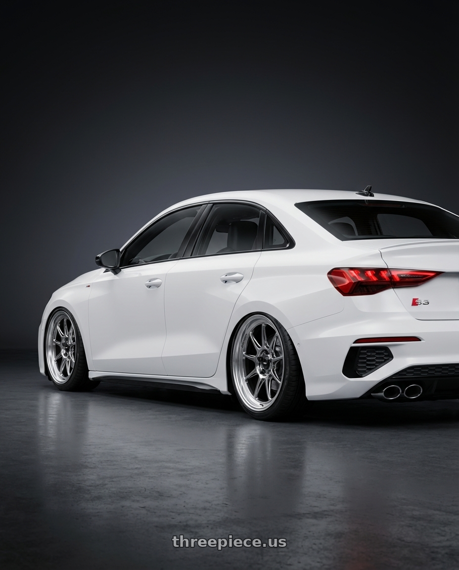 2024 Audi S3 8Y with Konig Countergram 5x112 19x11+40 Hyper Chrome / Machined Lip wheels rear three quarter view slight stretch tires