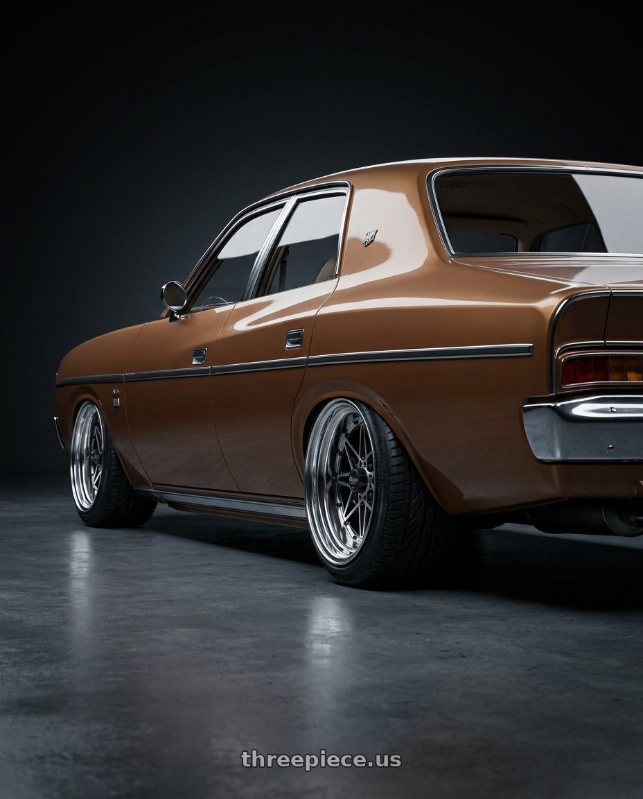 1979 Chrysler Valiant CM with EQUIP 03 Black Polish 4x100 15x12 -28 wheels rear three quarter view extreme stretch tires
