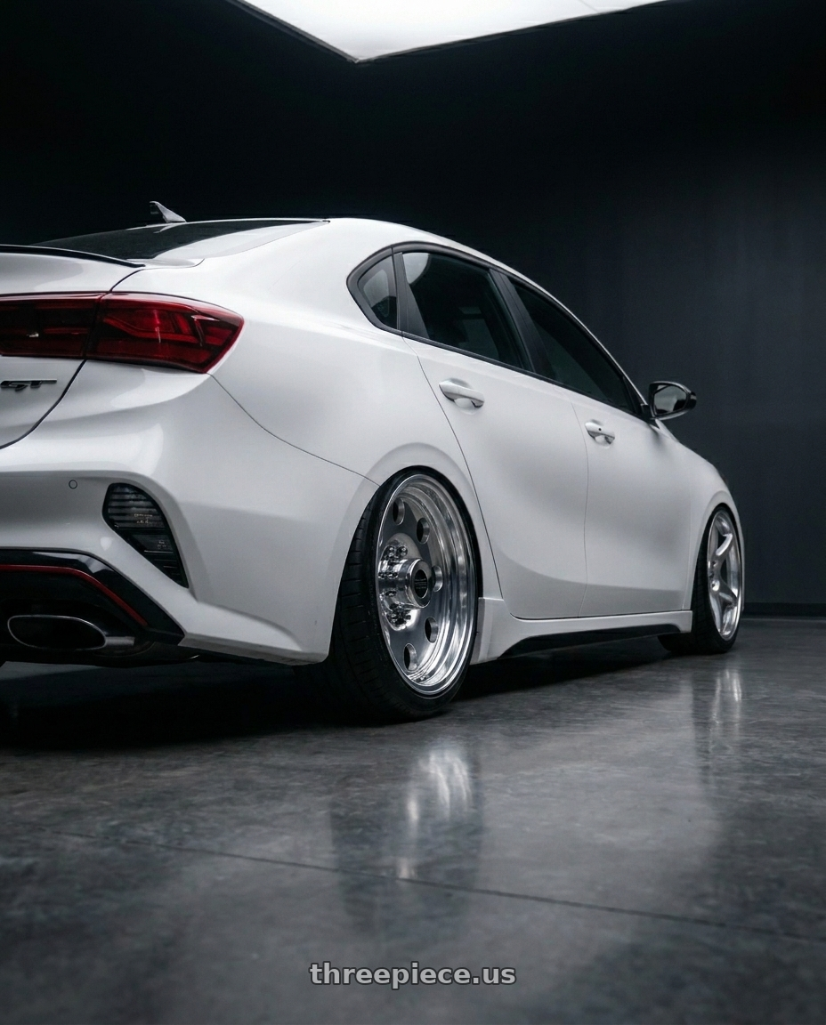 2023 Kia forte gt limited SWP with American Racing AR172 BAJA 5X114.3 15X10 -43 POLISHED wheels rear three quarter view slight stretch tires