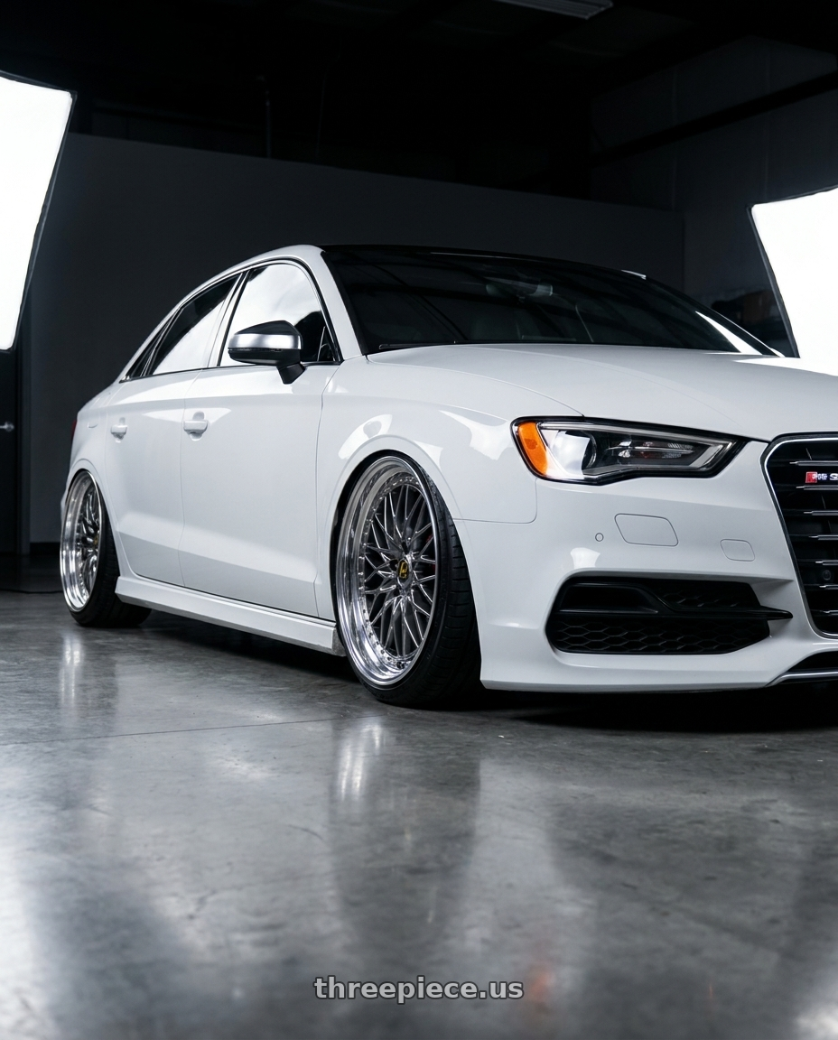 2017 Audi RS3 with Work Vs-Xv 5x112 20x11.5+34 A Disk Brilliant Silver Black wheels front three quarter view slammed stance