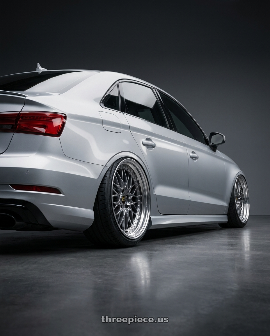 2017 Audi RS3 with Work Vs-Xv 5x112 20x11.5+34 A Disk Brilliant Silver Black wheels rear three quarter view extreme stretch tires
