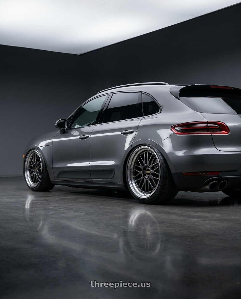 2018 Porsche macan s with BBS LM 5x112 21x9.0+22 Diamond Black wheels rear three quarter view slight stretch tires