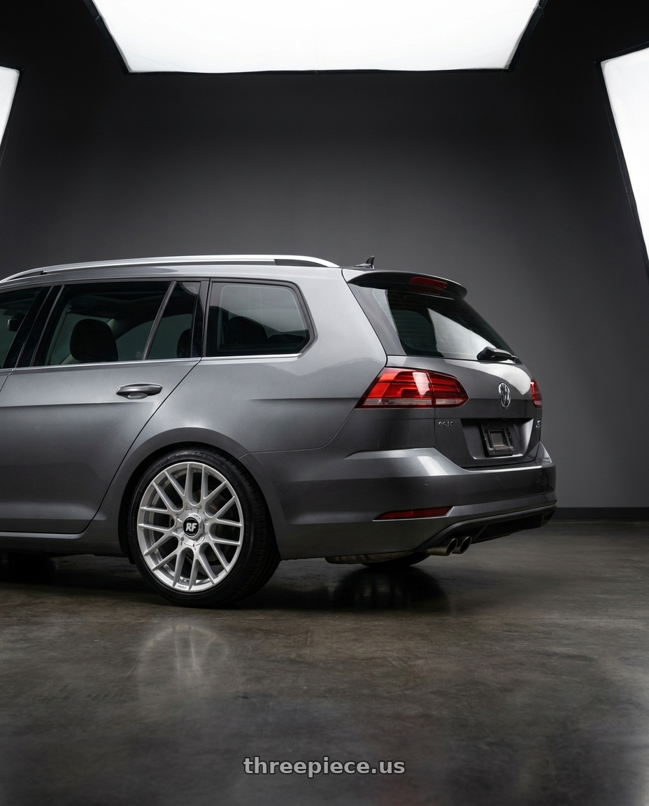 2018 Volkswagen Golf SportWagen SEL Platinum Grey Metallic with Rotiform 1PC R140 RSE 5X112/5X114.3 18X8.5 +45 GLOSS SILVER wheels rear three quarter view square tires
