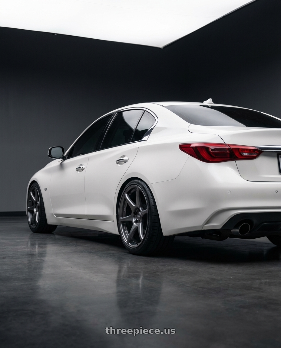 2020 Infiniti Q50 with Kansei K11G Tandem 5x114.3 19x10.5 12 Gunmetal wheels rear three quarter view square tires