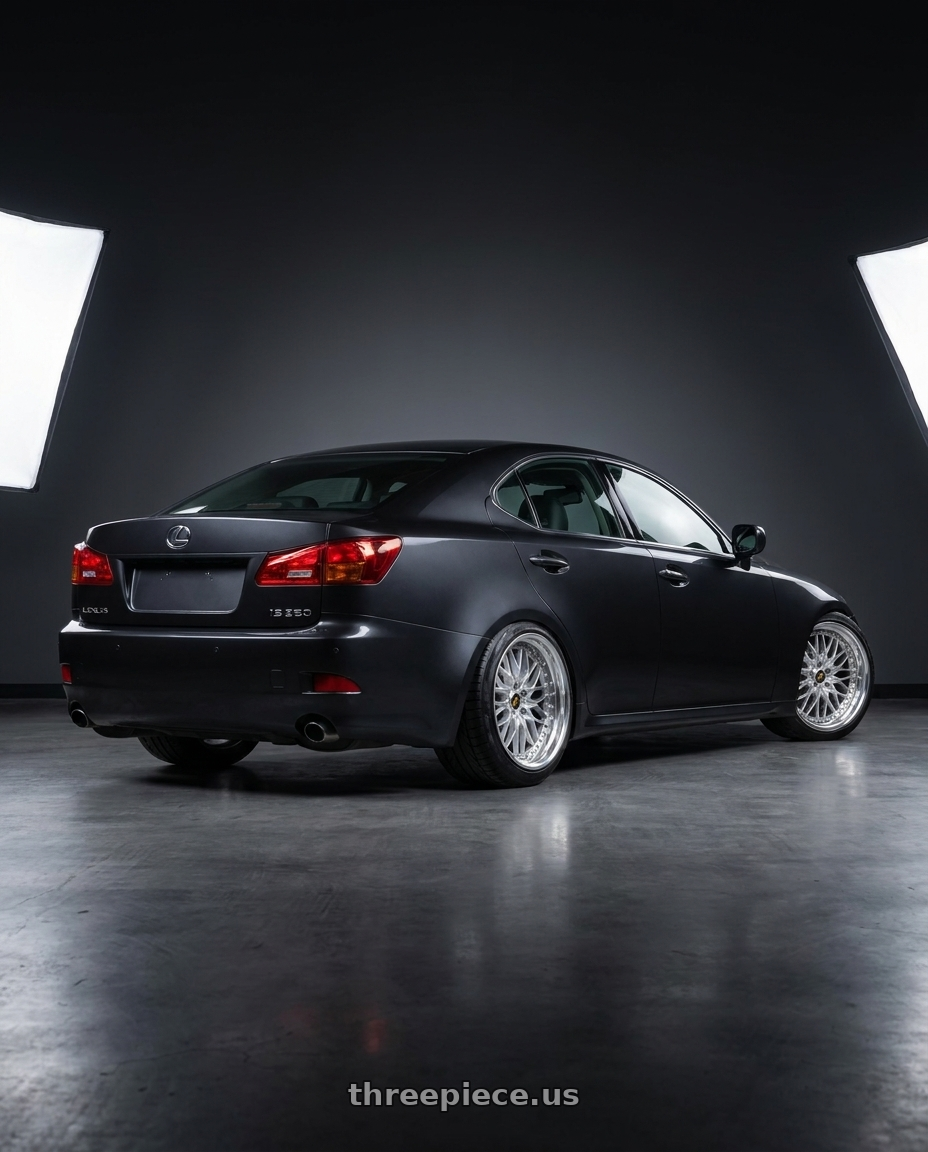 2009 Lexus IS350 with Work Vs-Xv 5x114.3 18x8.5+35 L Disk Silky Rich Silver wheels rear three quarter view meaty tires