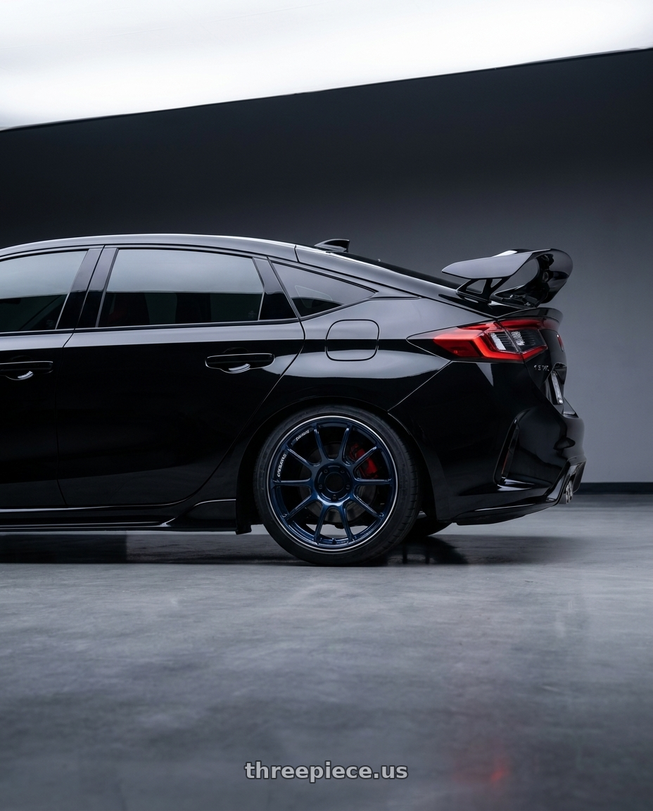 2023 civic type r with Advan RZ II 5x120 18x9+53 Racing Indigo Blue and Ring wheels rear three quarter view square tires