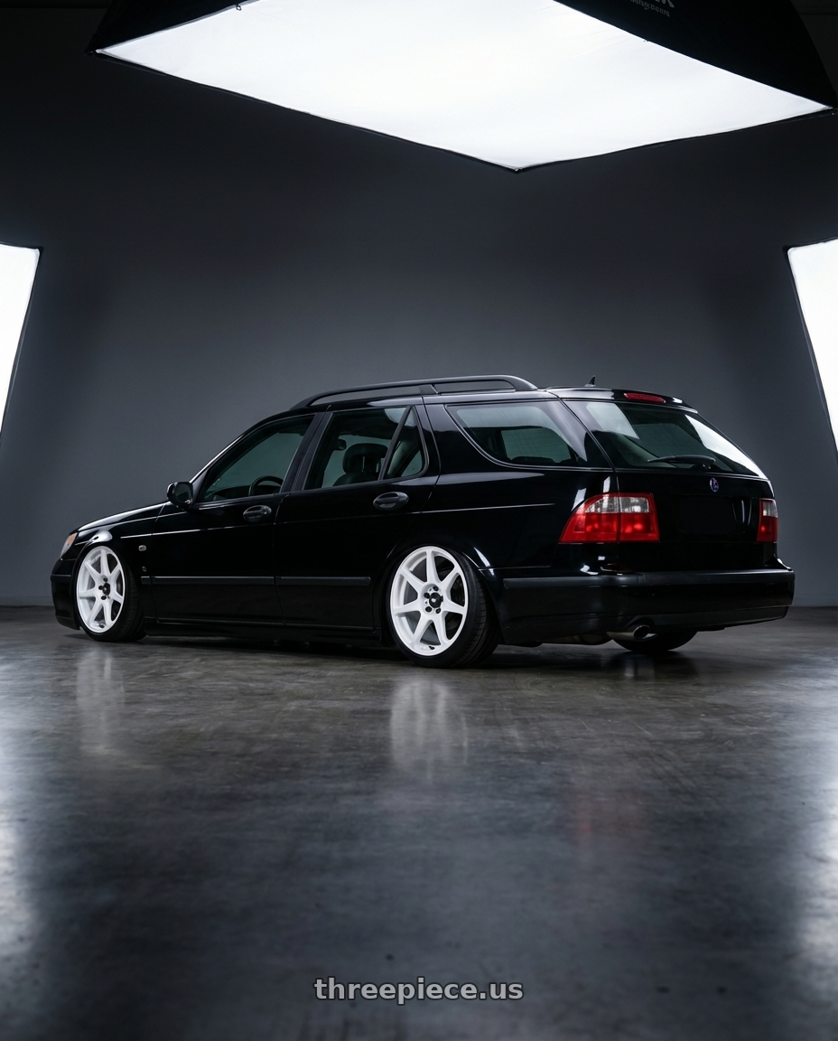 2007 saab 9-5 with Motegi MR154 BATTLE 5X114.3 17X9.5 +30 WHITE wheels rear three quarter view square tires