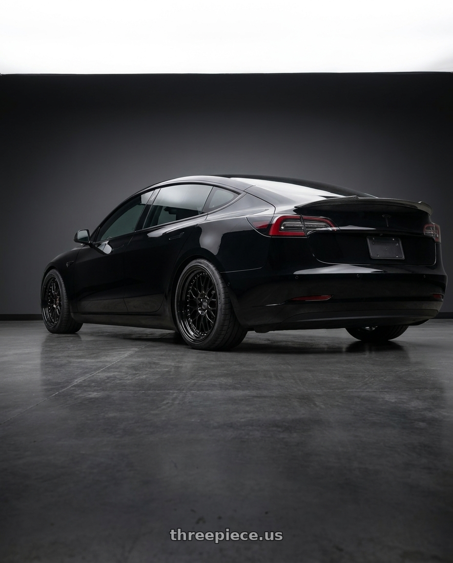 2023 Tesla model 3 performance with ESR Wheels SR SERIES SR01 5x114.3 19x10.5 +22 Gloss Black wheels rear three quarter view slight stretch tires