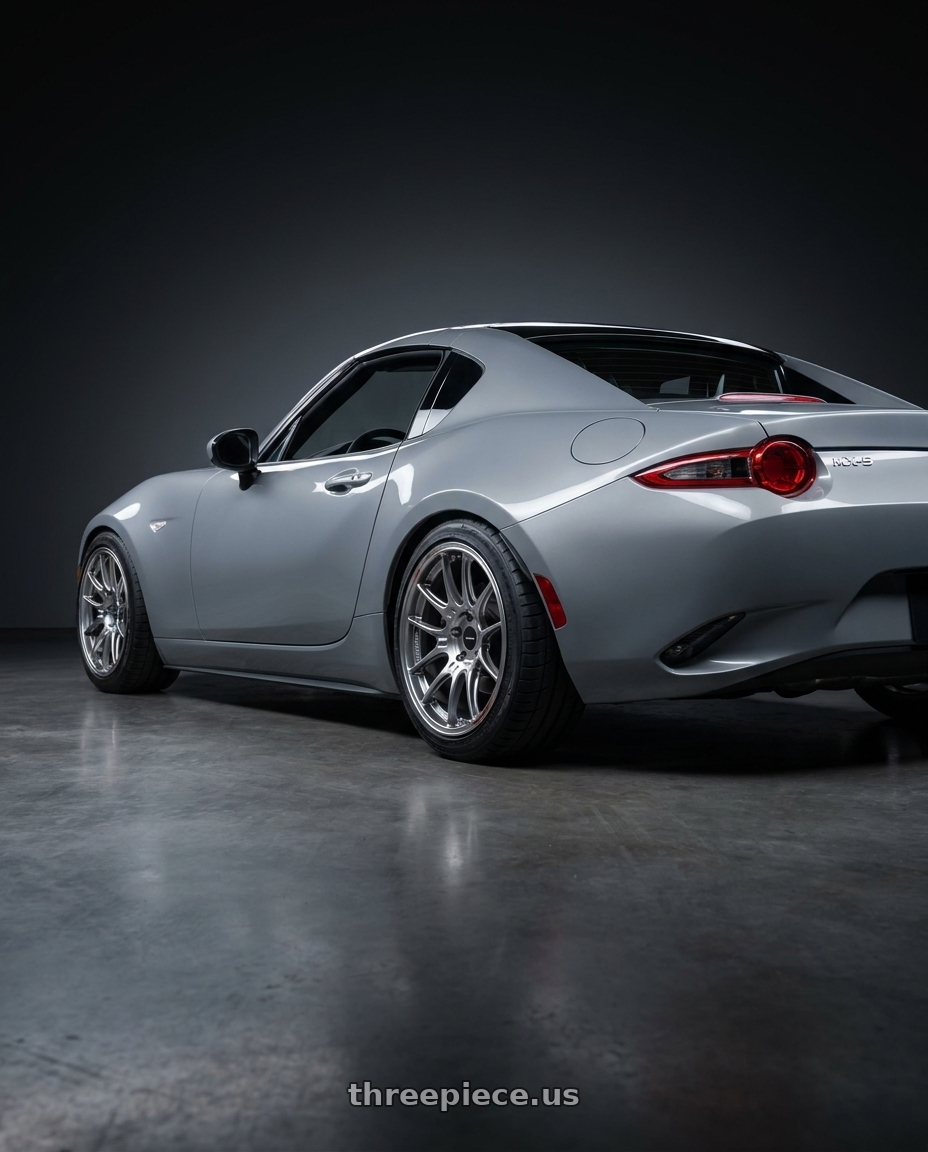 2025 mazda mx5 rf nd3 with Enkei GTC02 4x100 17x8+42 Hyper Silver wheels rear three quarter view square tires