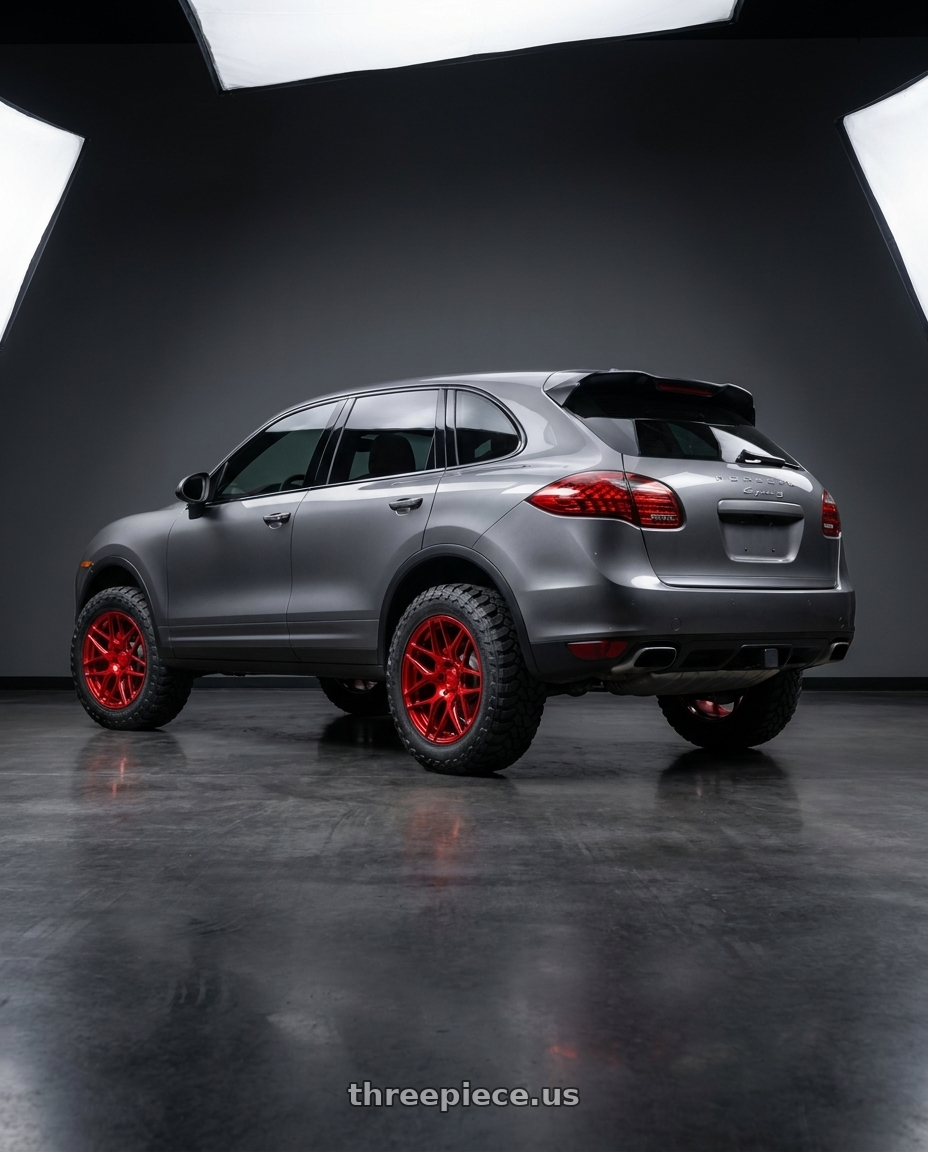2015 Porsche Cayenne S Meteorite with MRR FS1 5x130 18x8.5  +45 Candy Red wheels rear three quarter view meaty tires