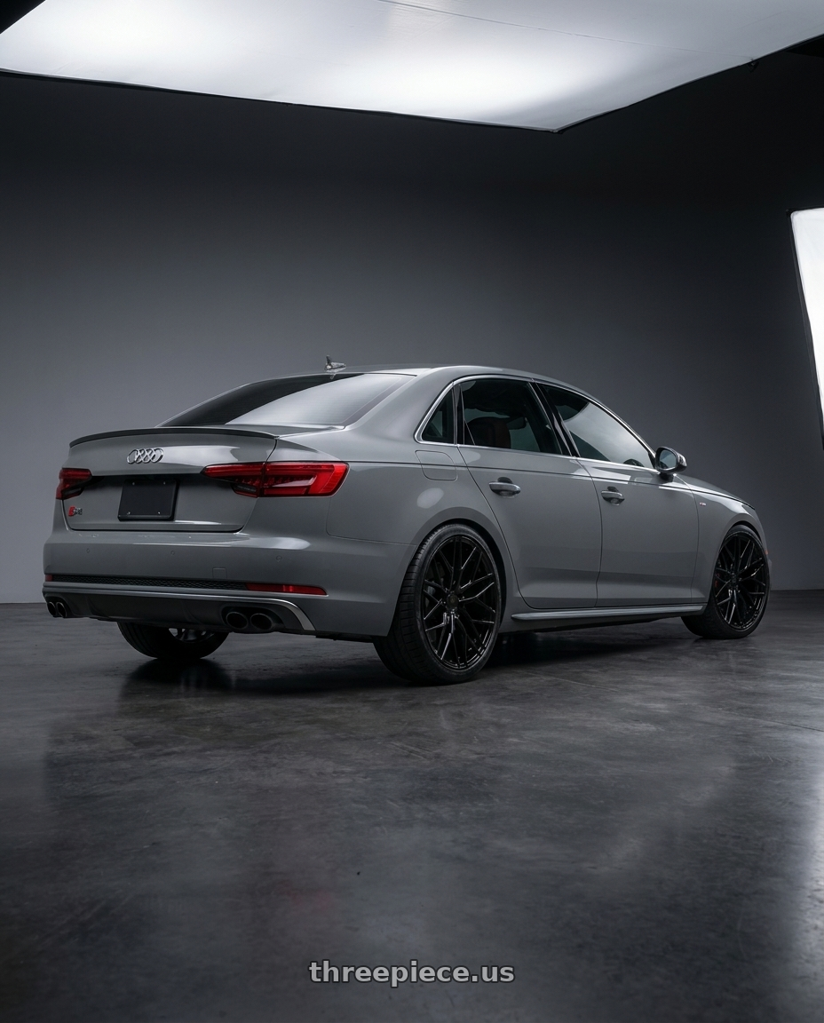 2023 Audi S4 B9 with Avant Garde Wheels M520R 5X112 19x8.5 +35 Gloss Black wheels rear three quarter view square tires