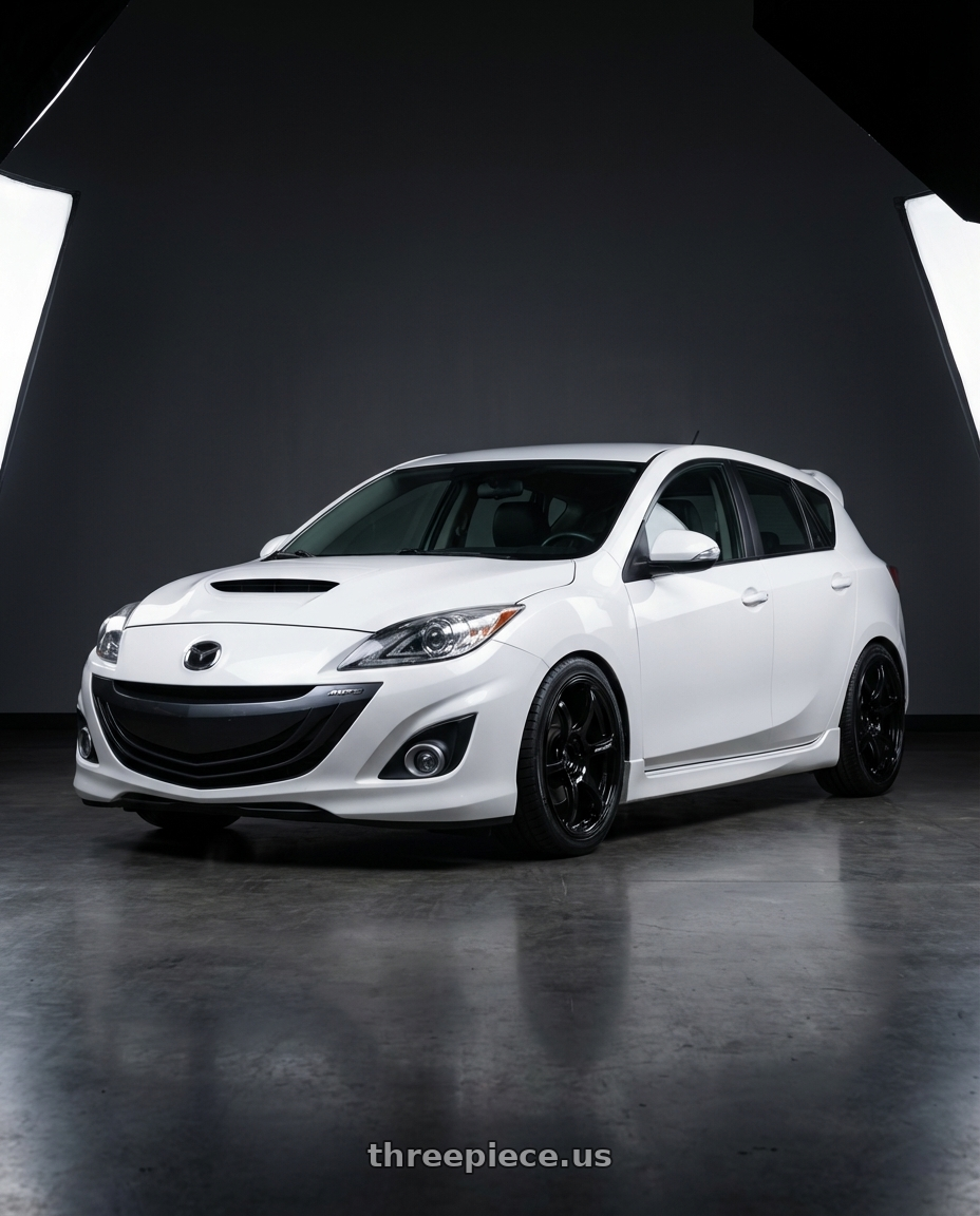 2012 Mazda Mazdaspeed3 with Advan RGIII 5x114.3 18x10.5+15 Gloss Black wheels front three quarter view lowered stance