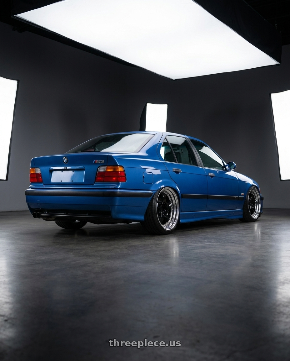 1995 Bmw m3 with Work Meister S1 3P 5x100 18x8.5+16 A Disk Black wheels rear three quarter view slight stretch tires