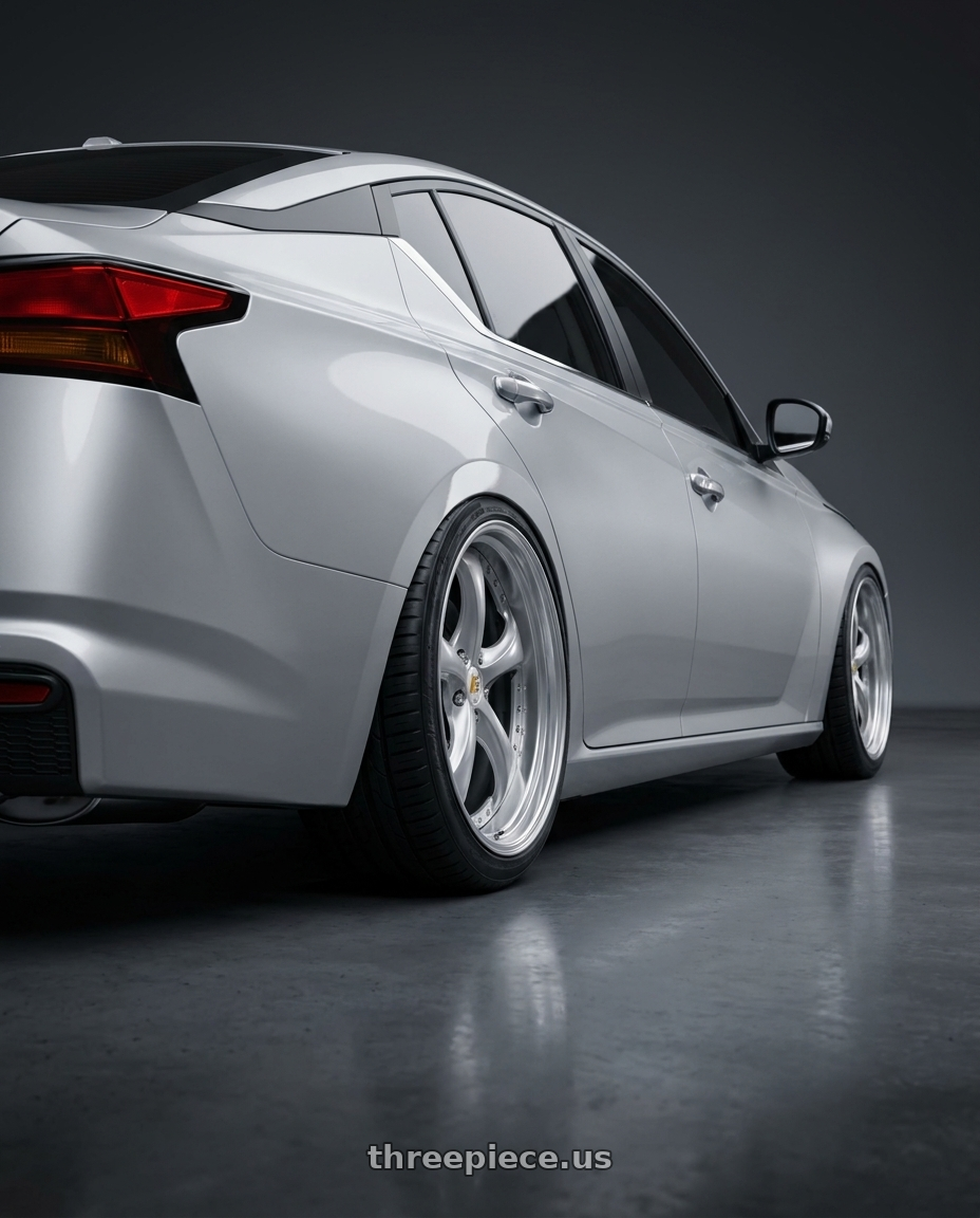 2020 Nissan Altima with Work Wheels VS-KF 5x114.3 20x9.5+27 Light Grey Silver R Disk STEP RIM wheels rear three quarter view square tires