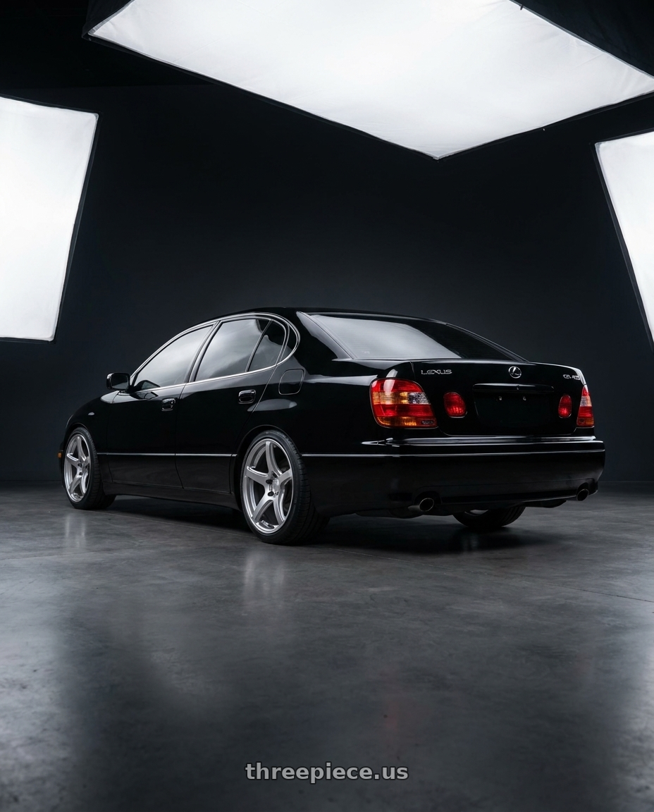 2003 lexus gs 430 black with Work Emotion T5r 5x114.3 18x8.5 +35 Glow Silver wheels rear three quarter view square tires