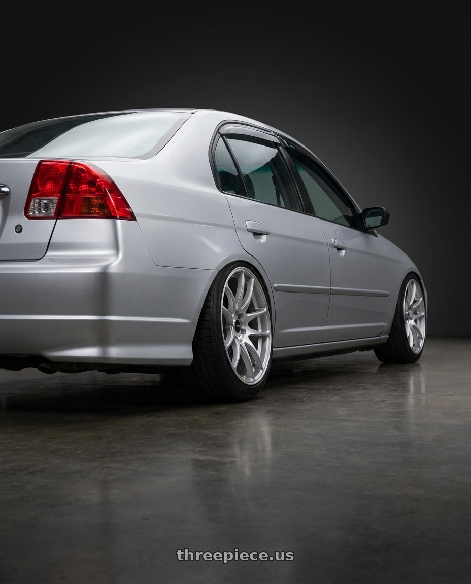 2002 Honda civic with Vors TR4 5x100 17x8  +35 Silver Machine Face wheels rear three quarter view slight stretch tires