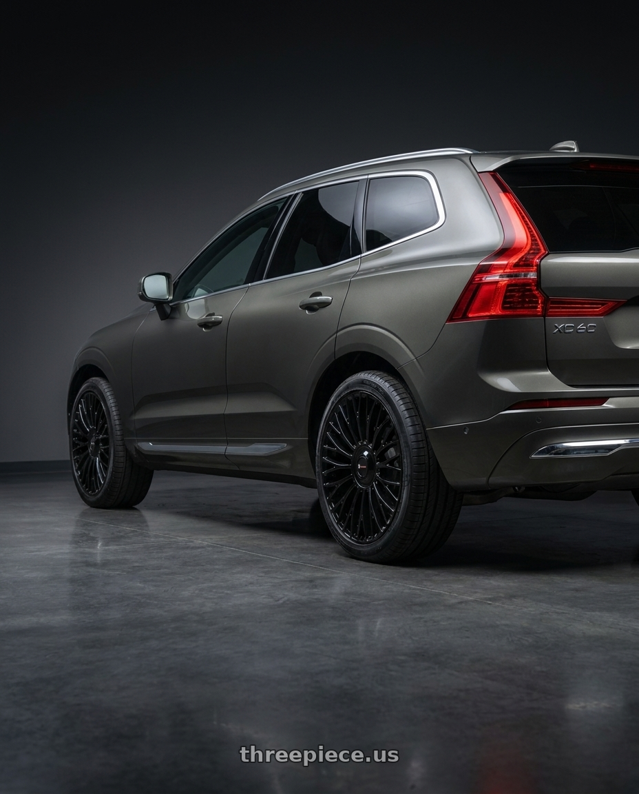 2022 volvo XC60 Inscription with Vors LT95 5x108  20x8.5 +35 Gloss Black wheels rear three quarter view square tires