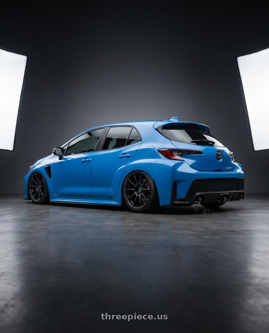 2024 Toyota GR Corolla with Ssr Gtv02 5x114.3 18x8.5+40  FLAT BLACK wheels rear three quarter view slight stretch tires