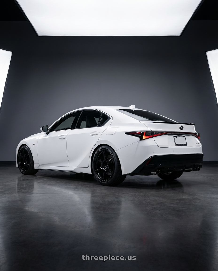 2024 Lexus IS 350 with Advan RGIII 5x114.3 19x10.5+25 Gloss Black wheels rear three quarter view square tires