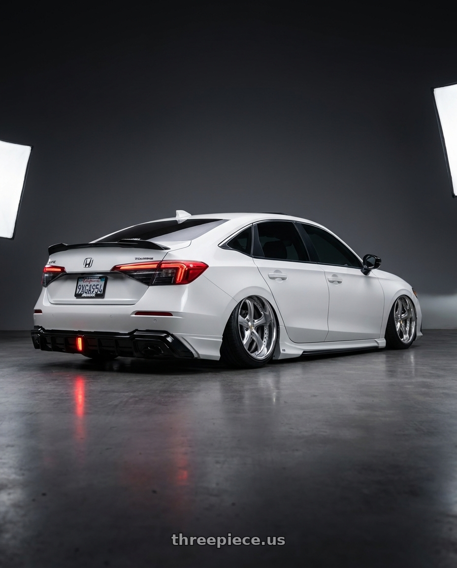 2024 Honda civic touring with Work Wheels VS-KF 5x114.3 18x8+40 Light Grey Silver A Disk FULL REVERSE wheels rear three quarter view extreme stretch tires