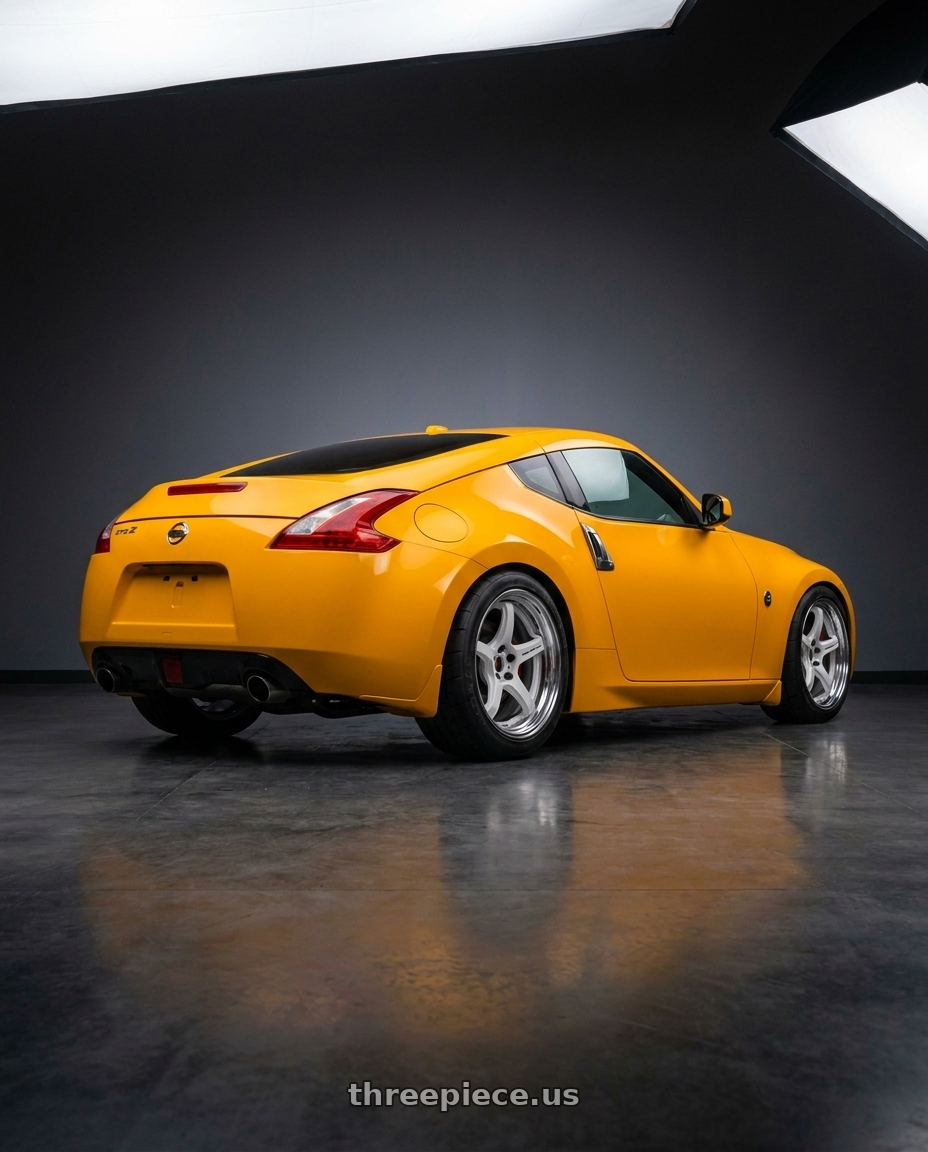 2017 Nissan 370z with Work T5R 2P 5x114.3 19x9.0 +22 WHITE wheels rear three quarter view meaty tires