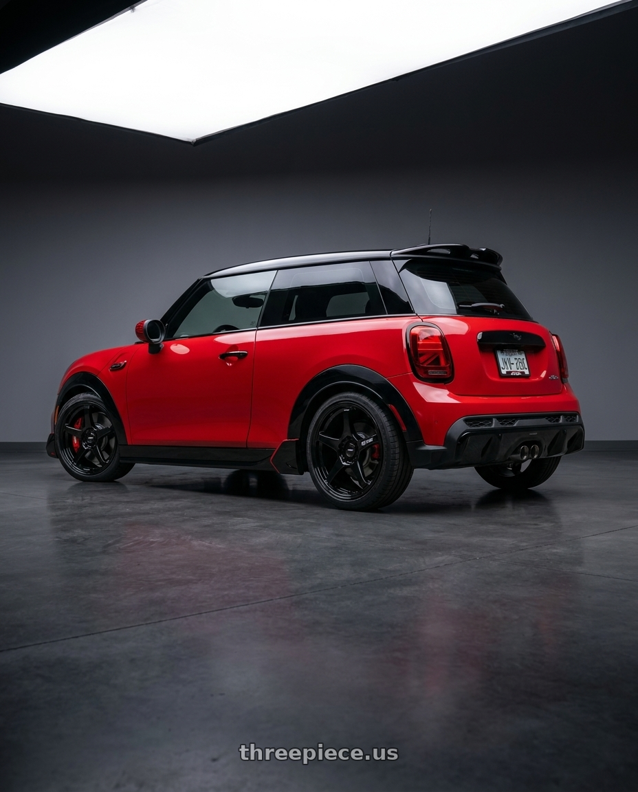 2025 mini jcw red with Enkei TS-5 5x112 18x8+45 Gloss Black wheels rear three quarter view square tires