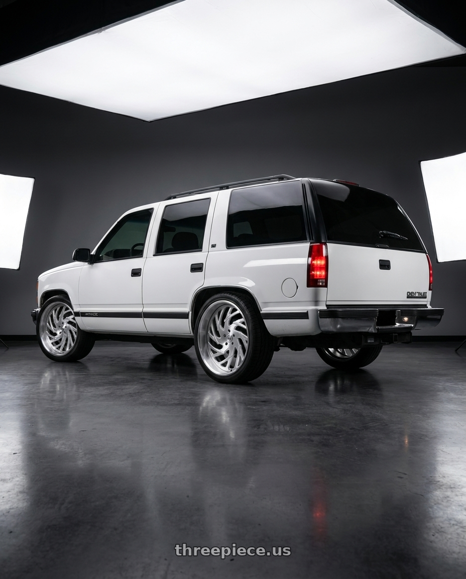 1999 Chevy Tahoe white with Asanti Forged AF864 5X127 26X9 -2 BRUSHED wheels rear three quarter view slight stretch tires