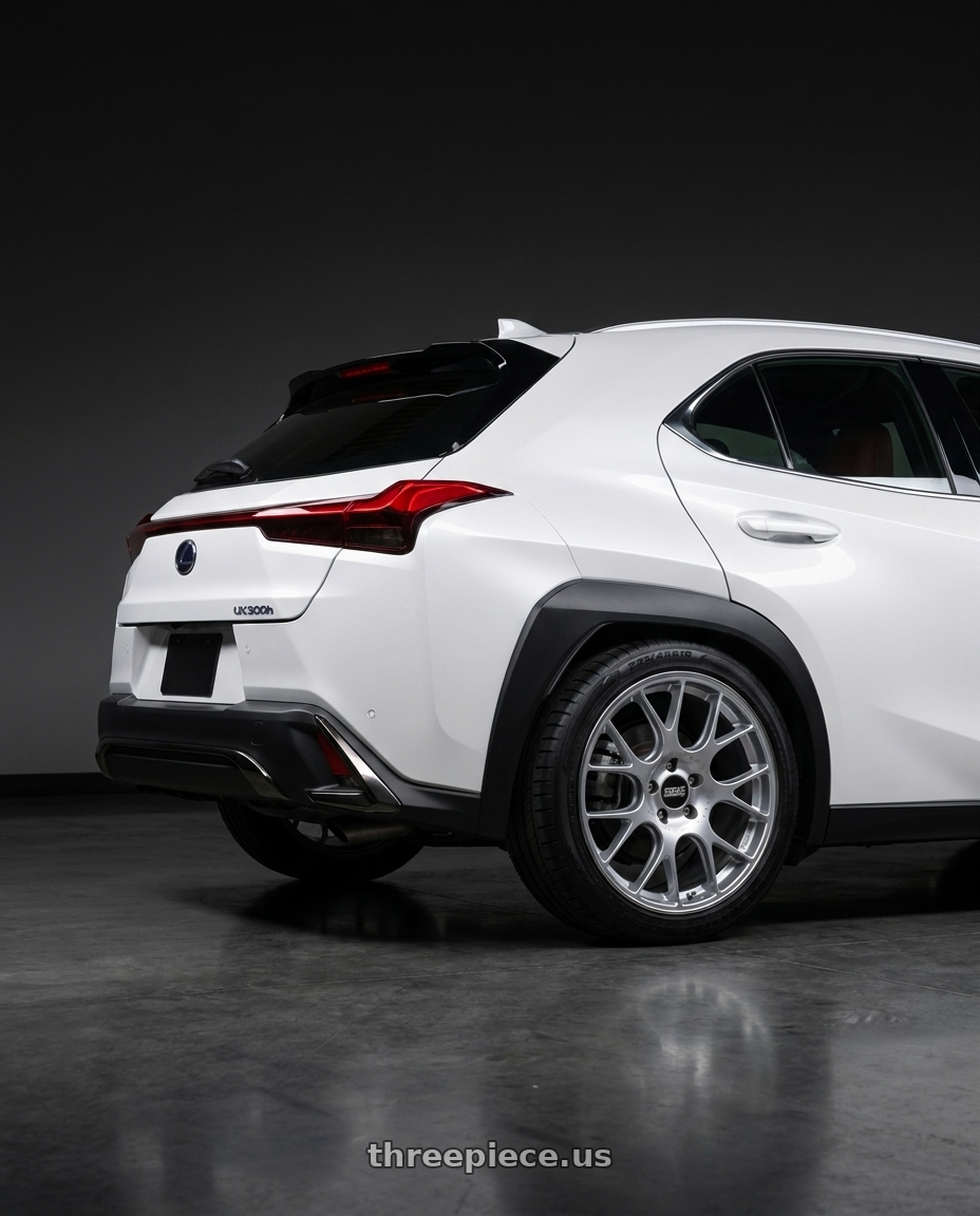 2025 Lexus UX300H with BBS CH-R 5x114.3 19x8 +38 Brilliant Silver Polished Rim Protector wheels rear three quarter view square tires