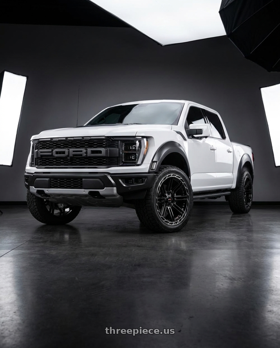 2021 ford raptor 3 gen white with Vortek VRP-501 5x127/5x139.7 24x11 -24 Gloss Black Center & Diamond Cut Ring With Dark Tint wheels