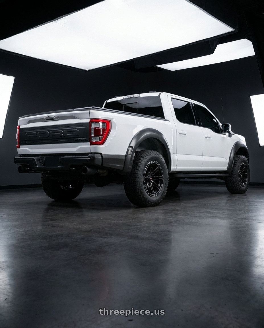2021 ford raptor 3 gen white with Vortek VRP-501 5x127/5x139.7 24x11 -24 Gloss Black Center & Diamond Cut Ring With Dark Tint wheels rear three quarter view square tires
