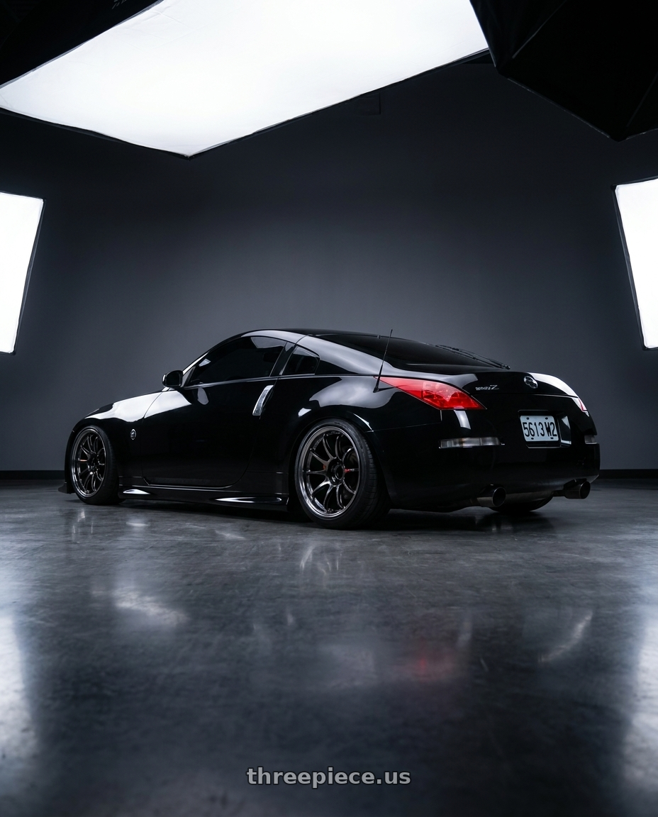 2006 Nissan 350Z super black with Work Emotion Zr10 5x100 18x10.5 +12 Glim Black Diamond Rim cut wheels rear three quarter view square tires
