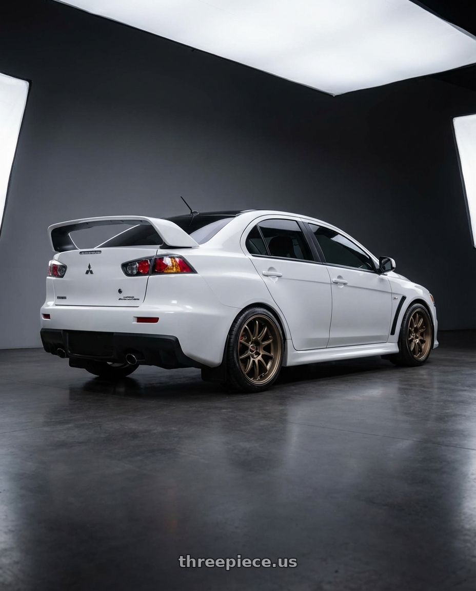 2015 evo x with Work Emotion D9r 5x100 18x9.5 +23 Matte Bronze wheels rear three quarter view square tires