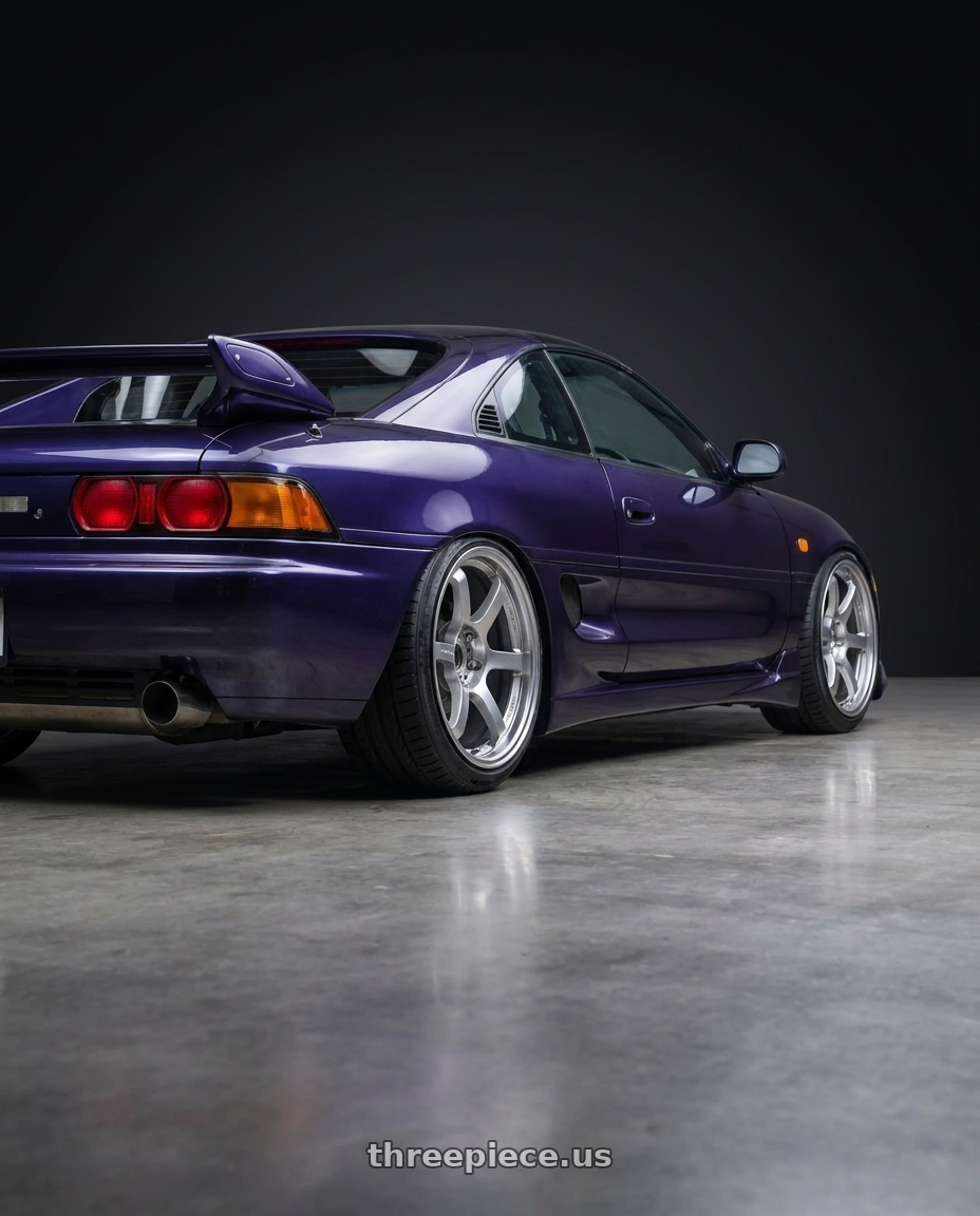 1998 Toyota MR2 with Gram Lights 57DR 5x114.3 18x9.5+38 Grace Silver wheels rear three quarter view extreme stretch tires