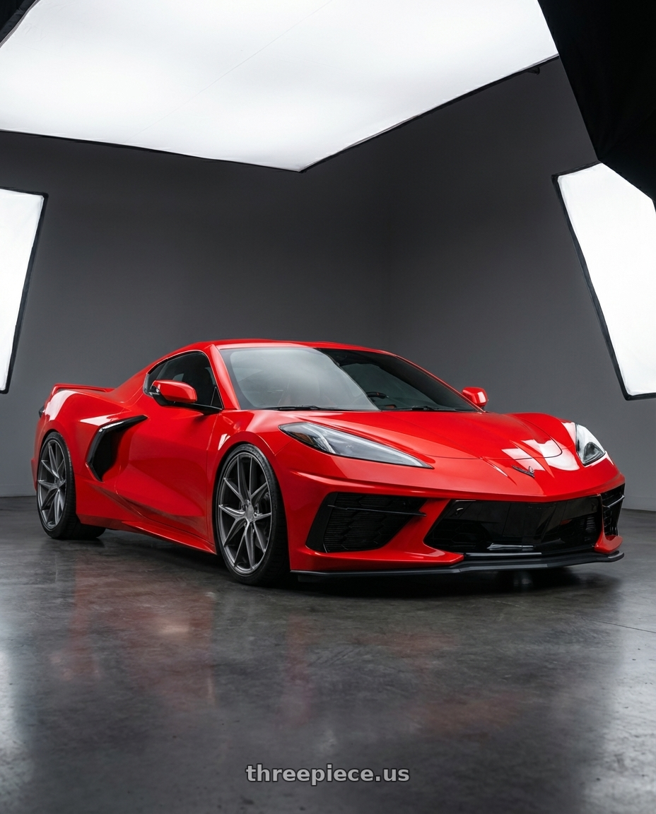 2024 Chevrolet Corvette C8 with Niche 1PC M116 MISANO 5X120.65 19X8.5 +50 MATTE GUN METAL wheels front three quarter view stanced stance