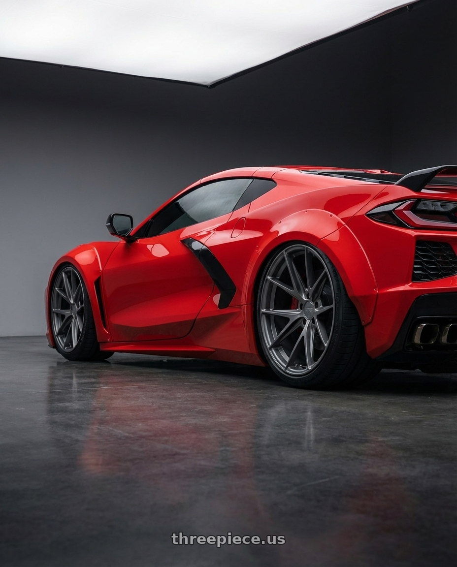 2024 Chevrolet Corvette C8 with Niche 1PC M116 MISANO 5X120.65 19X8.5 +50 MATTE GUN METAL wheels rear three quarter view slight stretch tires