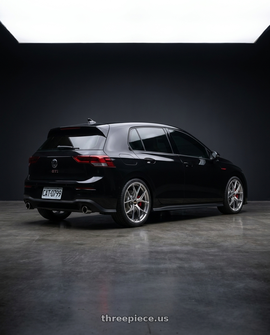 Golf gti 2024 with BBS FI-R 5x112 19x9.5 +15 Diamond Silver wheels rear three quarter view square tires