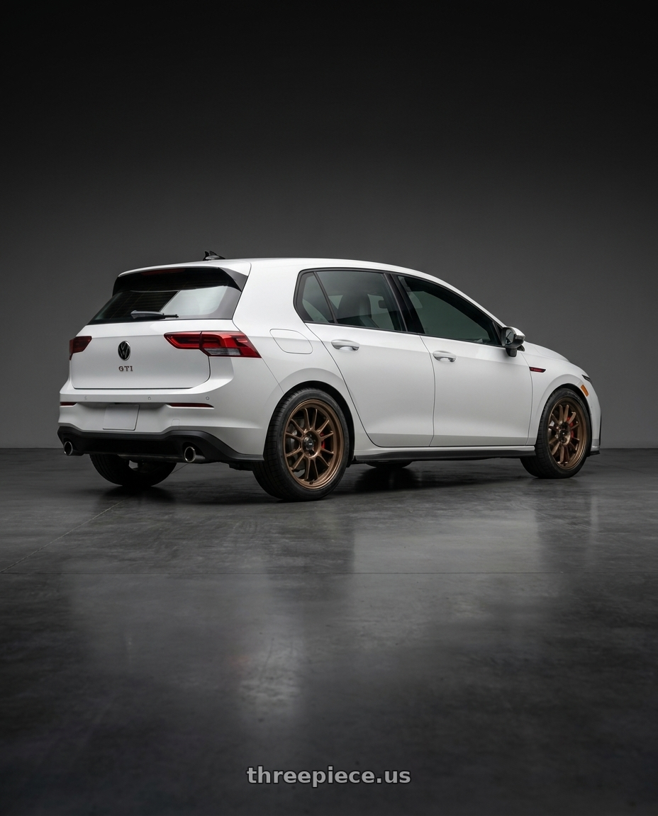 2025 VW GTI mk8 5 with Konig Hypergram 5x112 18x8.5+43 Race Bronze wheels rear three quarter view square tires