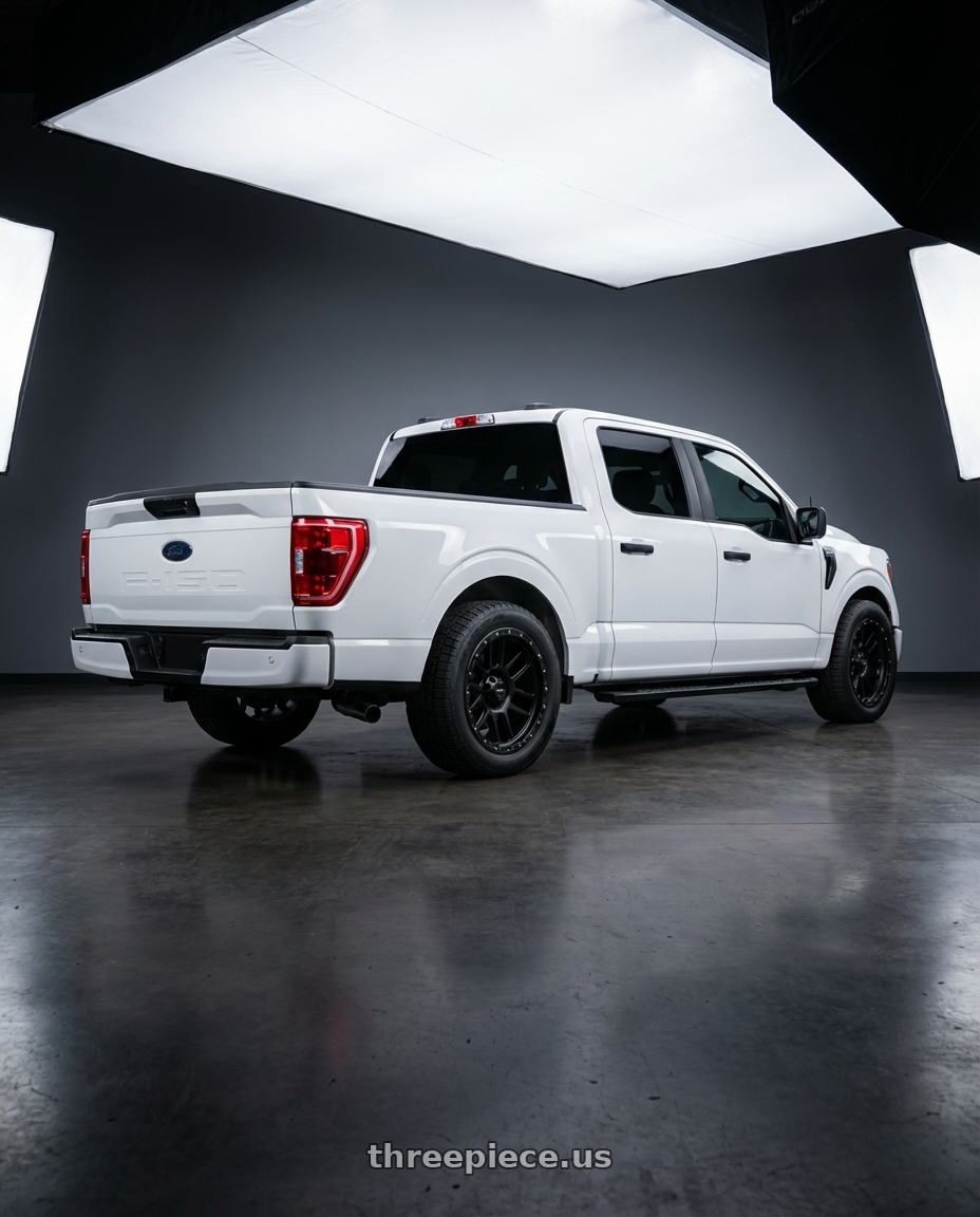 2025 Ford f150 sxt  with Vision Off-Road 111 Nemesis 5x139.7 20x9+12 Matte Black wheels rear three quarter view square tires