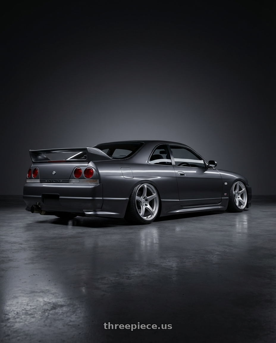 1996 Nissan Skyline R33 GTST with Work Emotion T5r 5x114.3 18x10.5 +12 Glow Silver wheels rear three quarter view extreme stretch tires