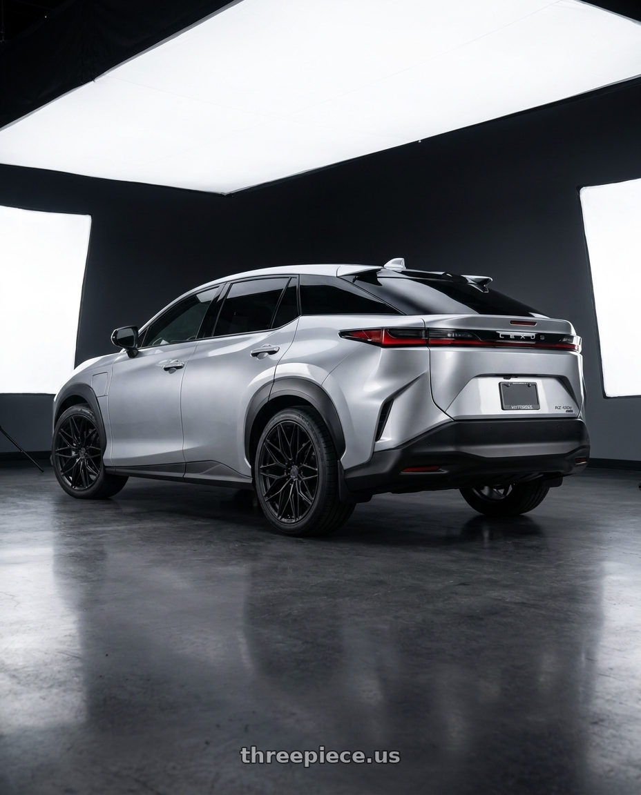 2026 Lexus Rz450e with MV Forged MVF2 5x114.3 21x9 +30 Satin Black wheels rear three quarter view square tires