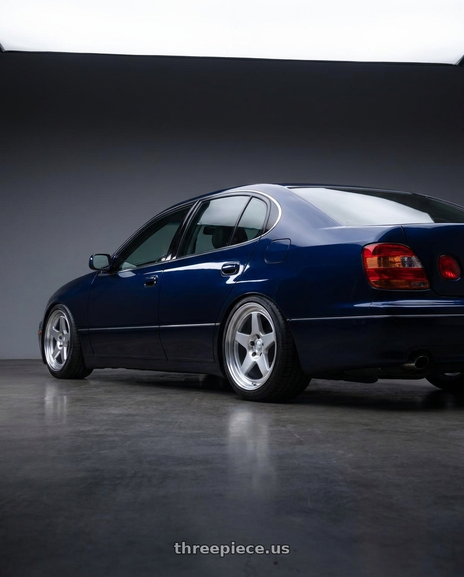 1998 Toyota Aristo with Kansei K12H KNP 5X100 18x9.5 12 Hyper Silver wheels rear three quarter view square tires