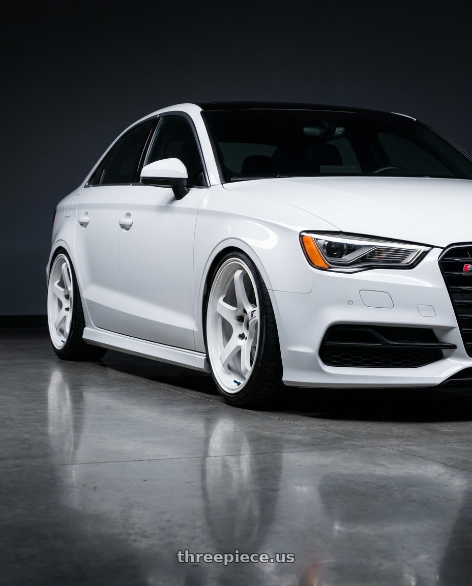 2017 Audi S3 with Advan Racing GT PV 5x112 19x10.0 +30 RACING WHITE wheels front three quarter view lowered stance