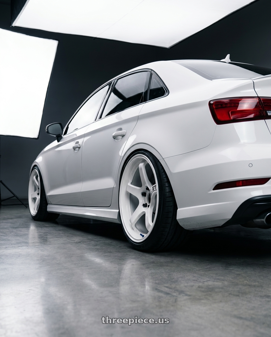 2017 Audi S3 with Advan Racing GT PV 5x112 19x10.0 +30 RACING WHITE wheels rear three quarter view extreme stretch tires