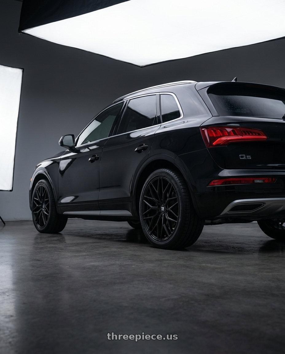 2019 Audi Q5 with TOUREN TR92 3292 5x112 18x8 +35 GLOSS BLACK wheels rear three quarter view square tires