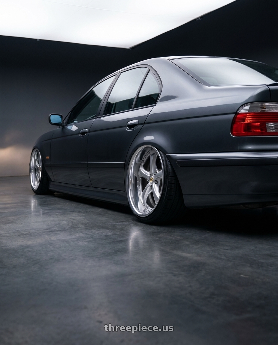 2000 BMW 528I Anthracite Metallic with Work Wheels VS-KF 5x120 18x9.5+22 Light Grey Silver L Disk FULL REVERSE wheels rear three quarter view extreme stretch tires